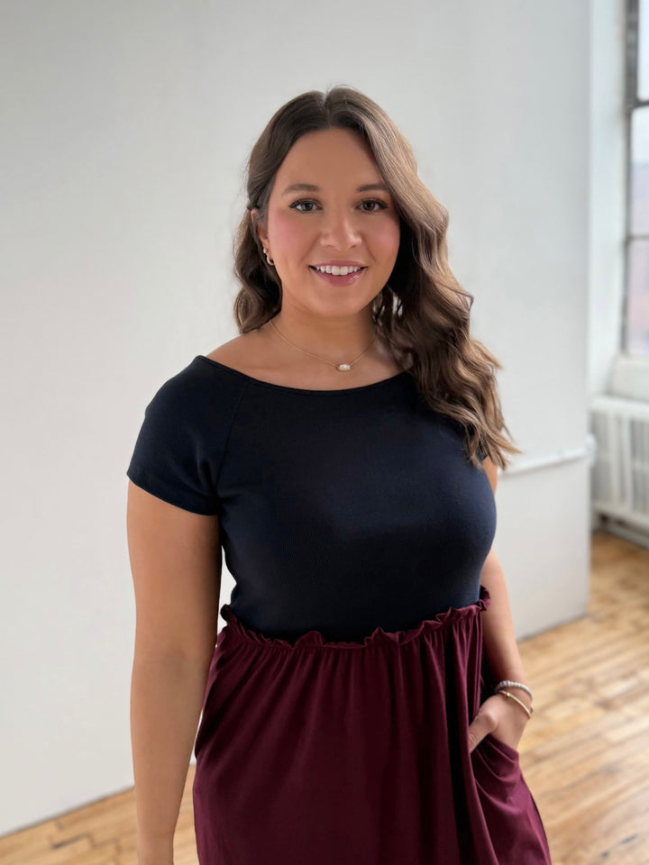 CAITLIN rib+jersey dress in Navy/Merlot