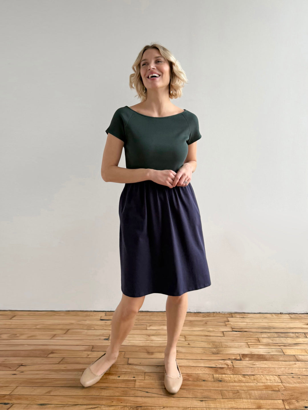 CAITLIN rib+jersey dress in Jade/Navy