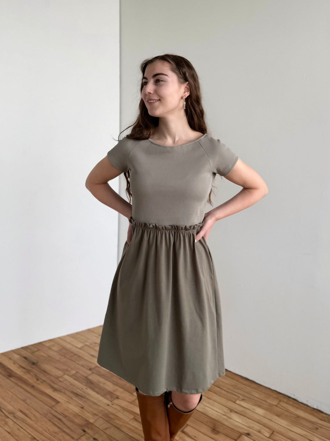 CAITLIN rib+jersey dress in Sage