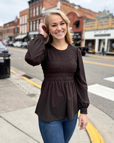 LYRIC smocked top in Chocolate Torte