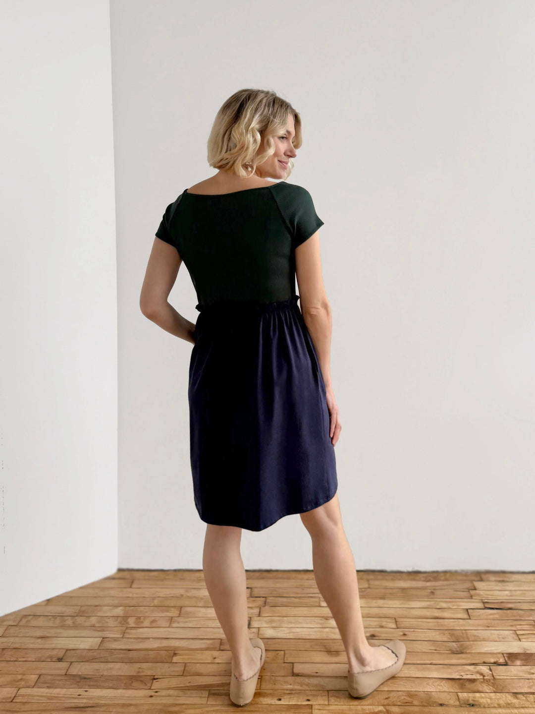 CAITLIN rib+jersey dress in Jade/Navy