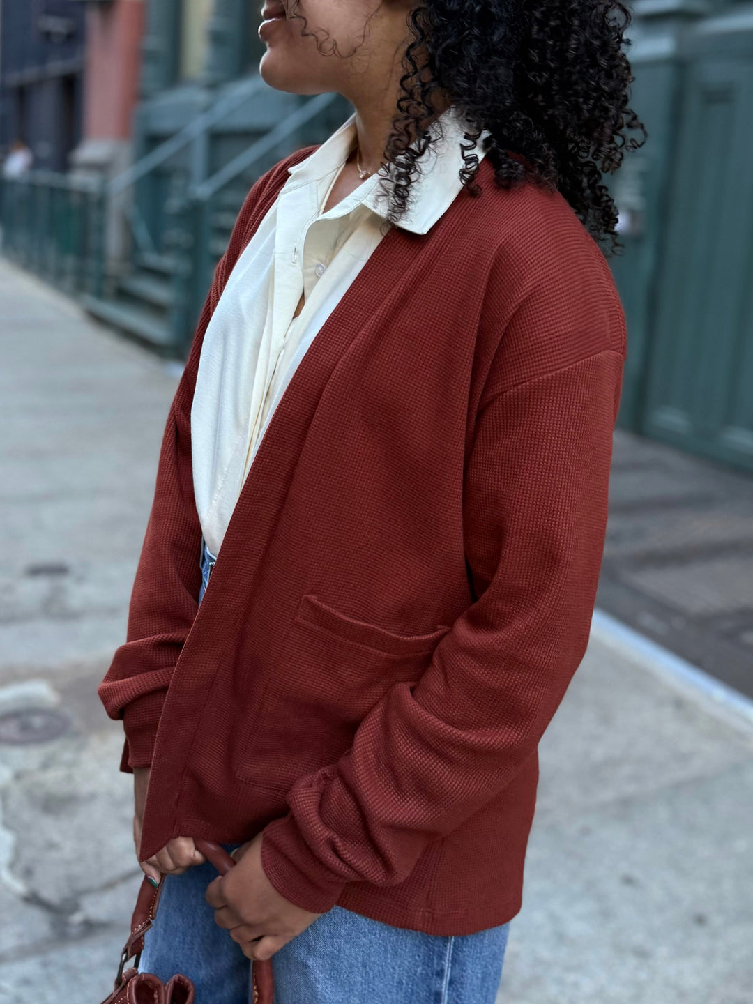 RILEY waffle knit cardigan in Cherrywood
