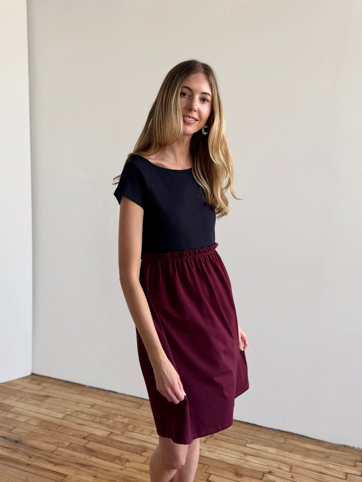 CAITLIN rib+jersey dress in Navy/Merlot