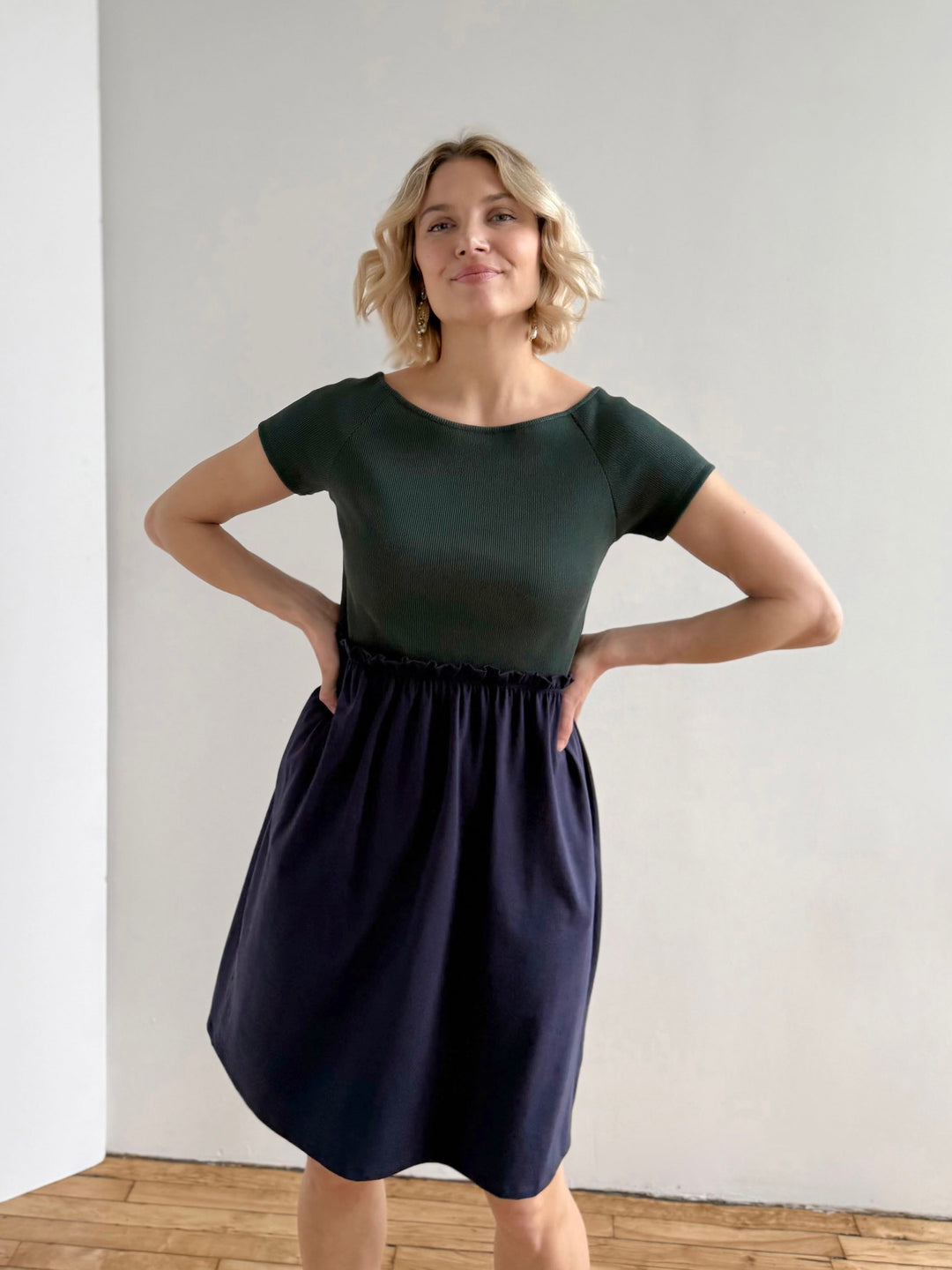 CAITLIN rib+jersey dress in Jade/Navy