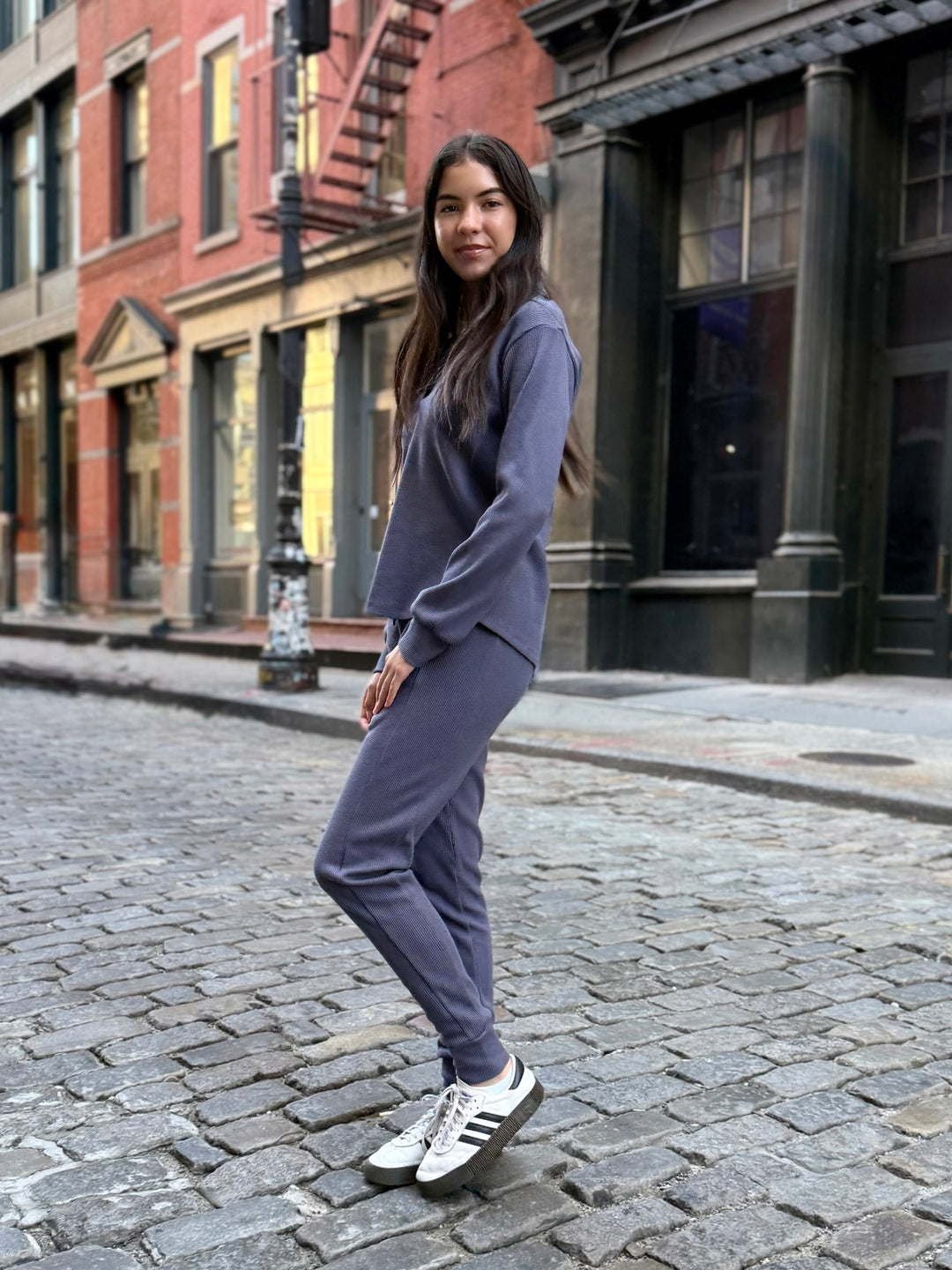 ADRIA waffle knit top in Stonewash