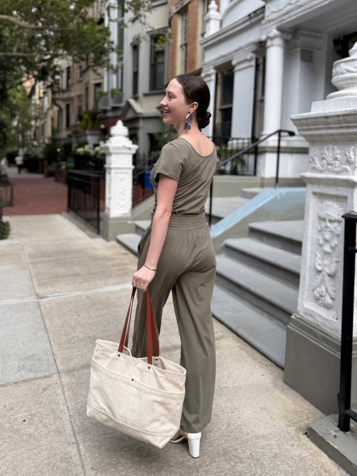 EVELINE smocked jersey pants in Silver Sage