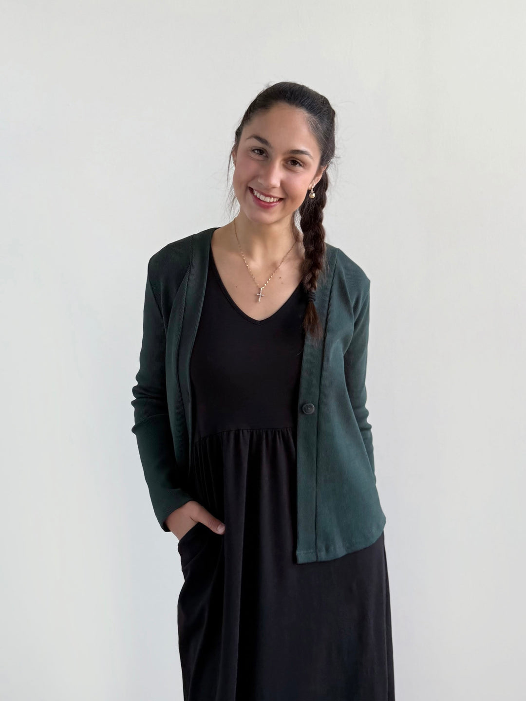 JUDE rib-knit fitted cardigan in Dark Jade