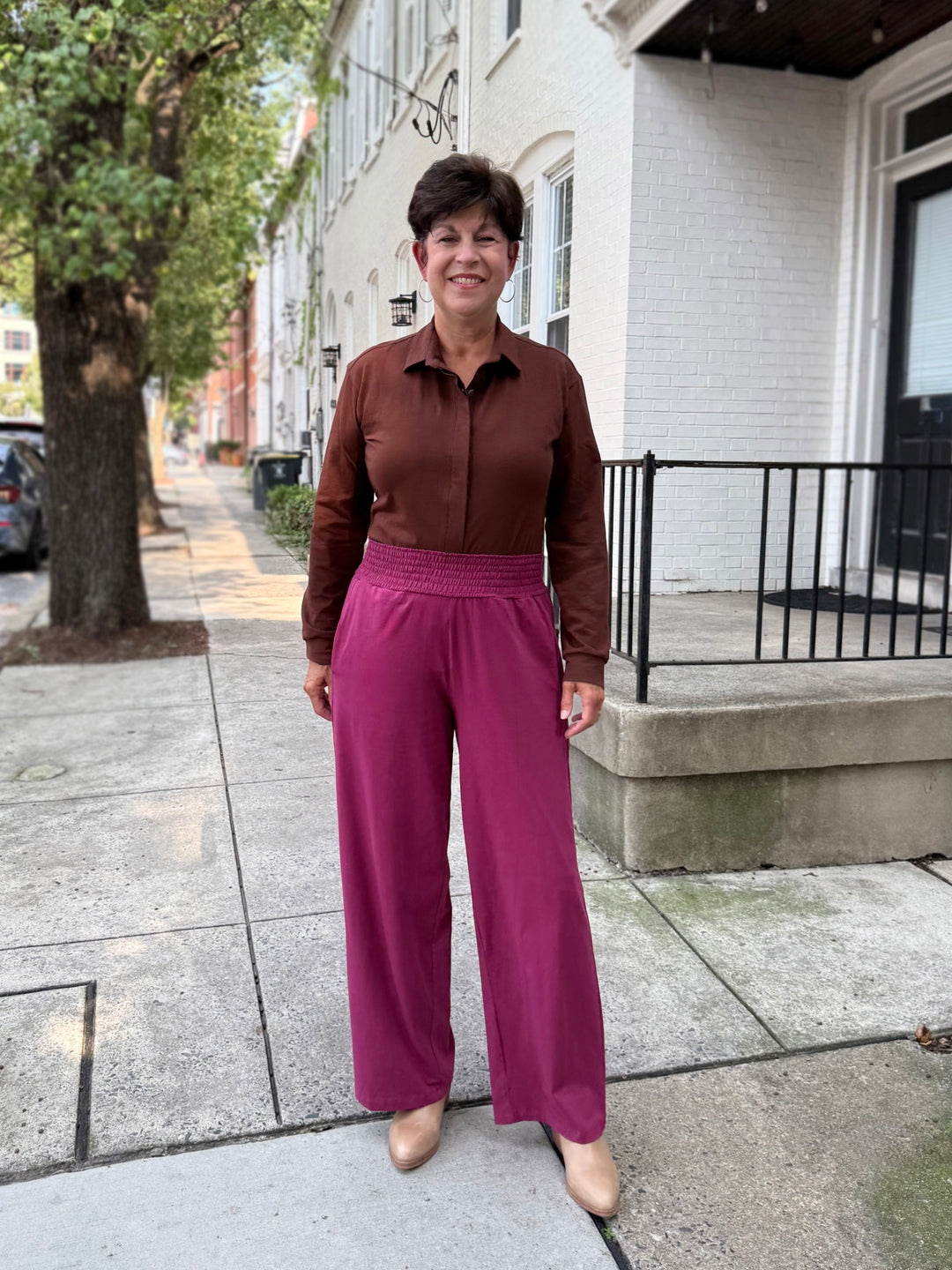 EVELINE smocked jersey pants in Deep Berry