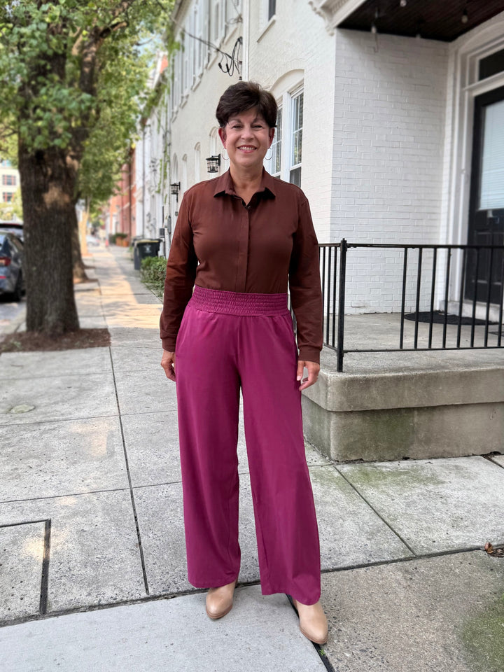 EVELINE smocked jersey pants in Deep Berry