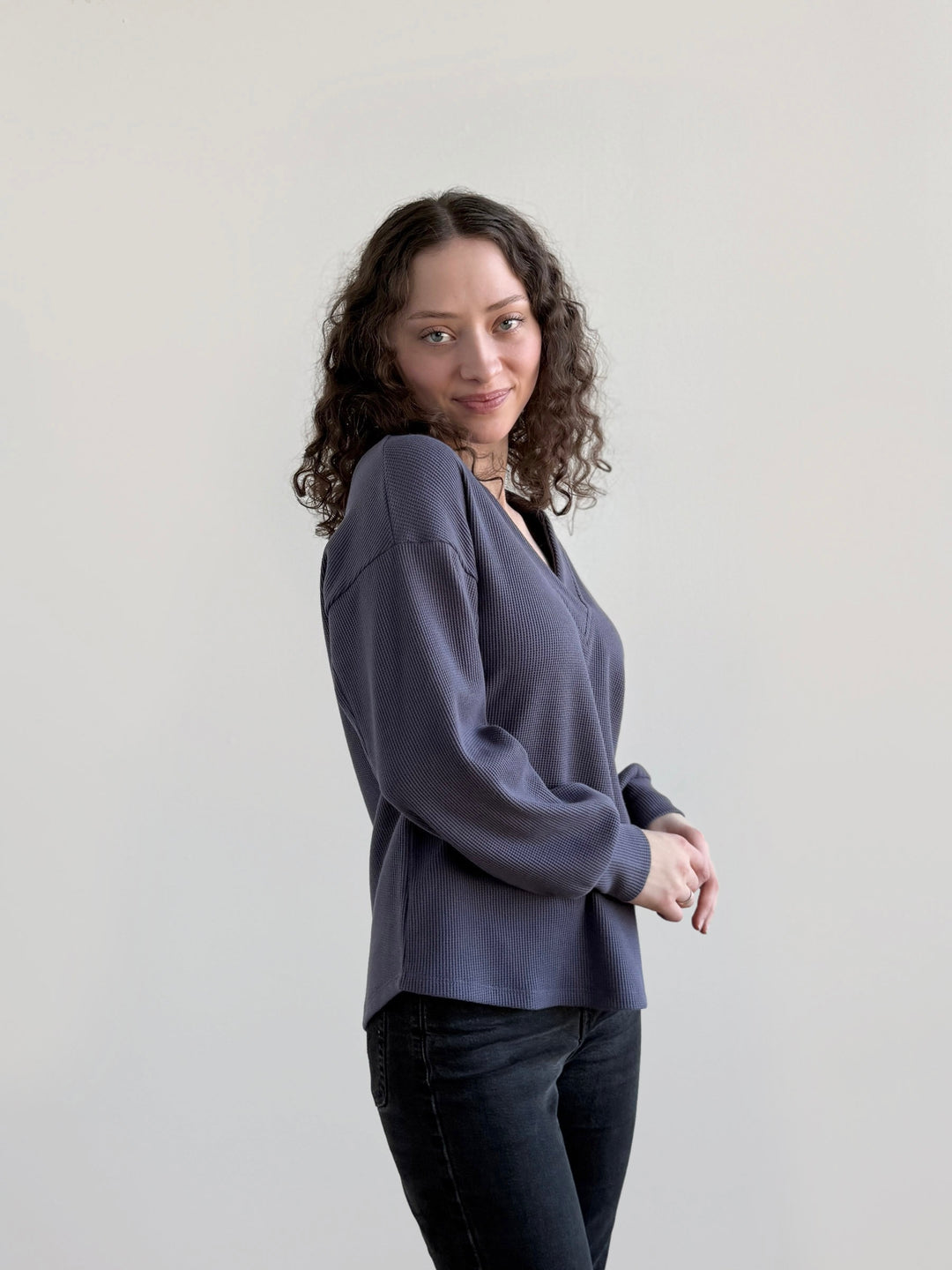 MEGANE waffle knit top in Stonewash