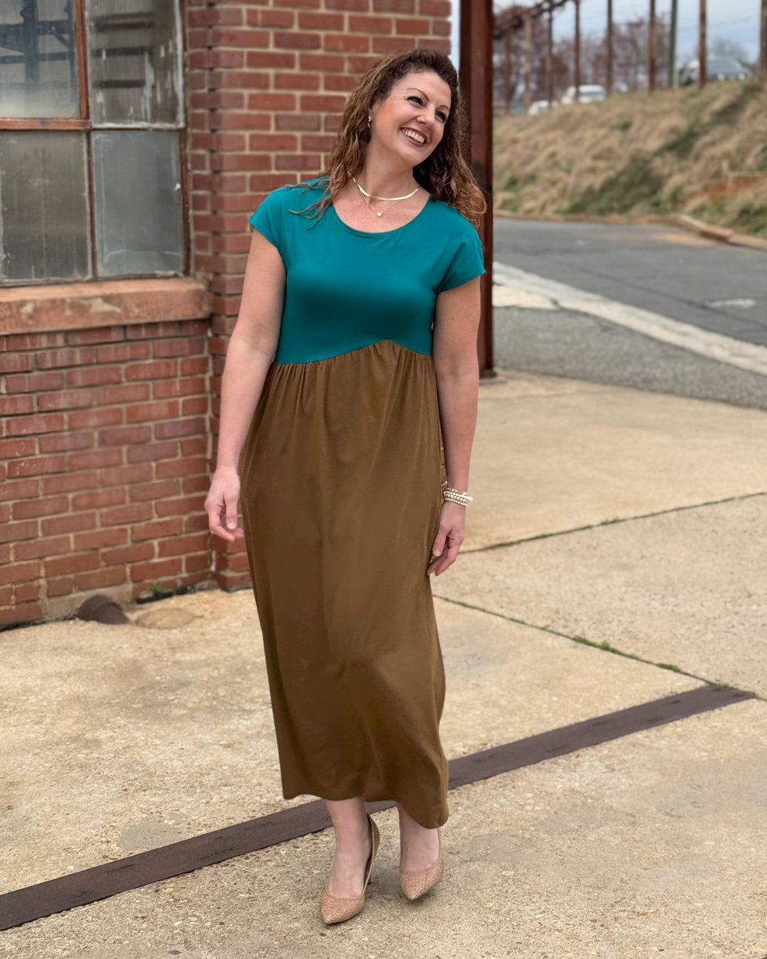 NORAH dress in Teal/Kona Brown