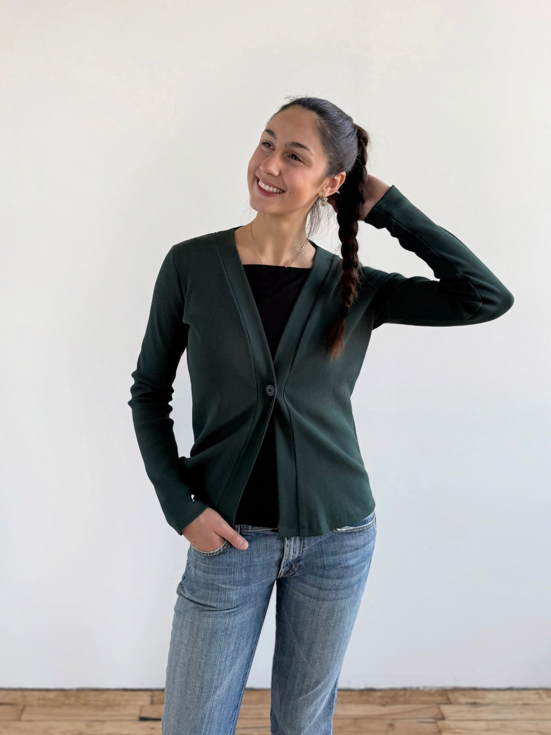 JUDE rib-knit fitted cardigan in Dark Jade