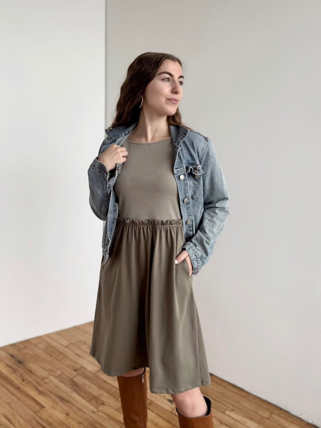 CAITLIN rib+jersey dress in Sage