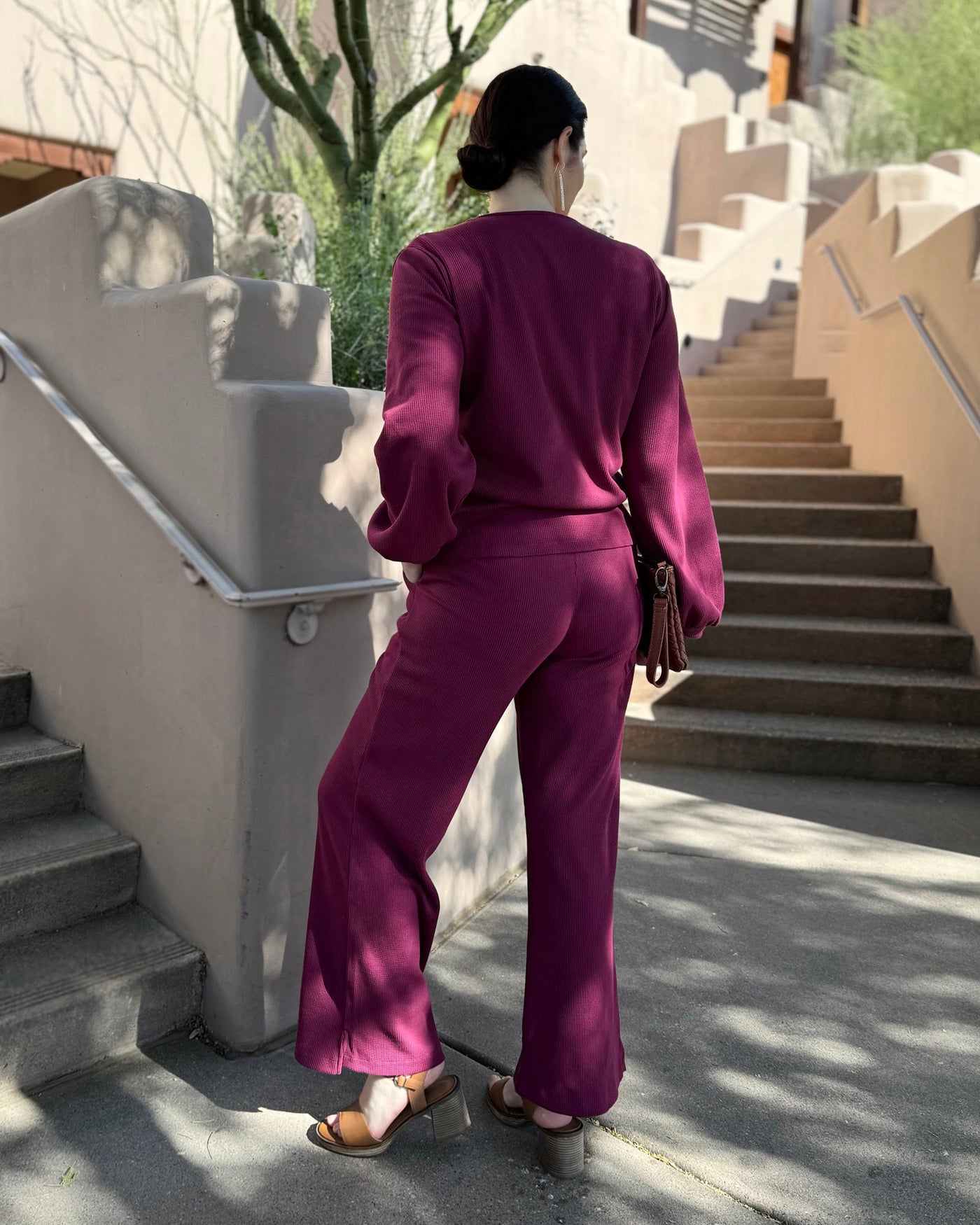 DESERT waffle knit high-rise pants in Raspberry