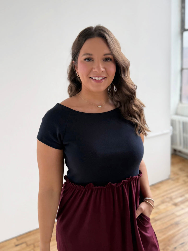 CAITLIN rib+jersey dress in Navy/Merlot