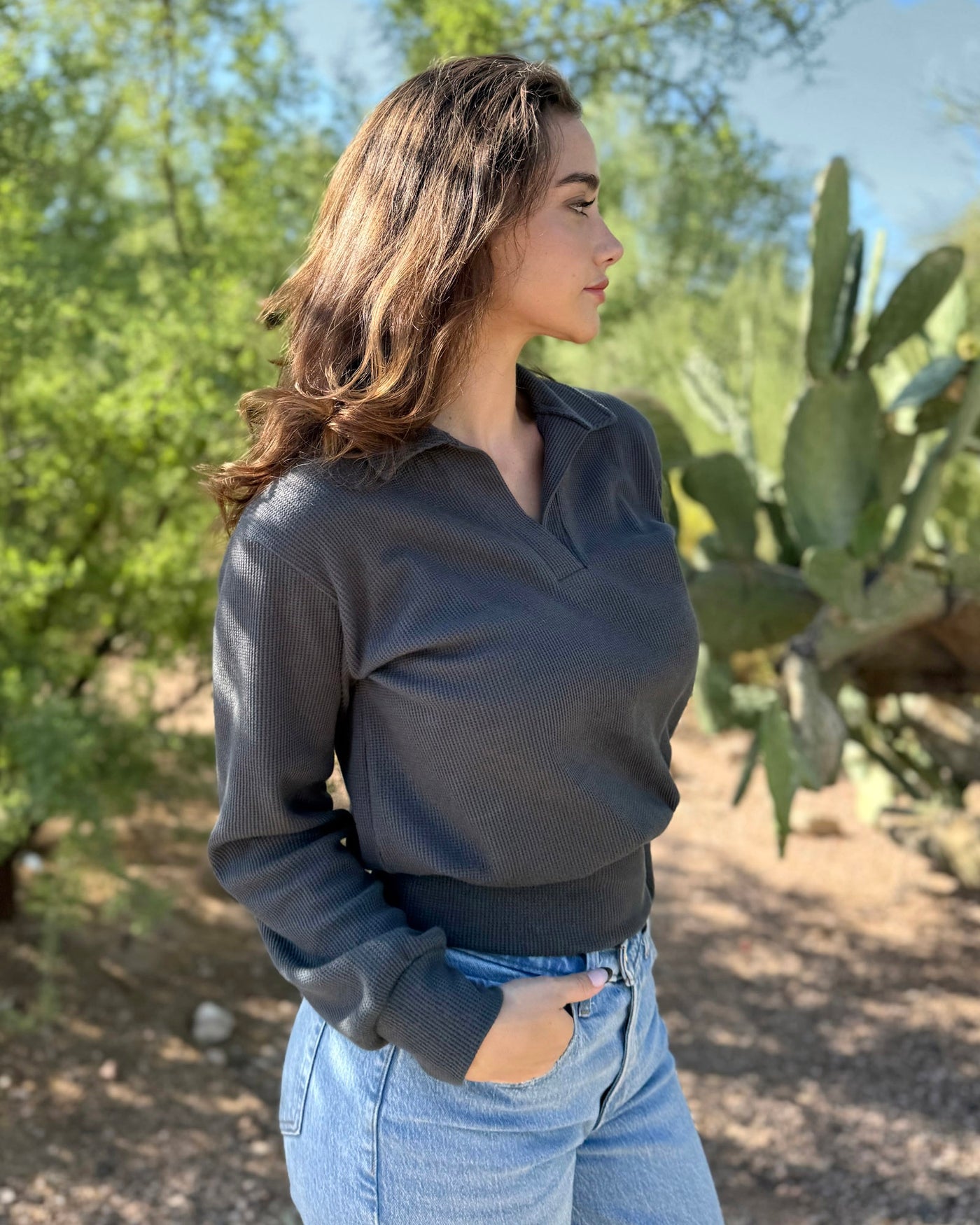 SEDONA waffle knit top in Charcoal Blue