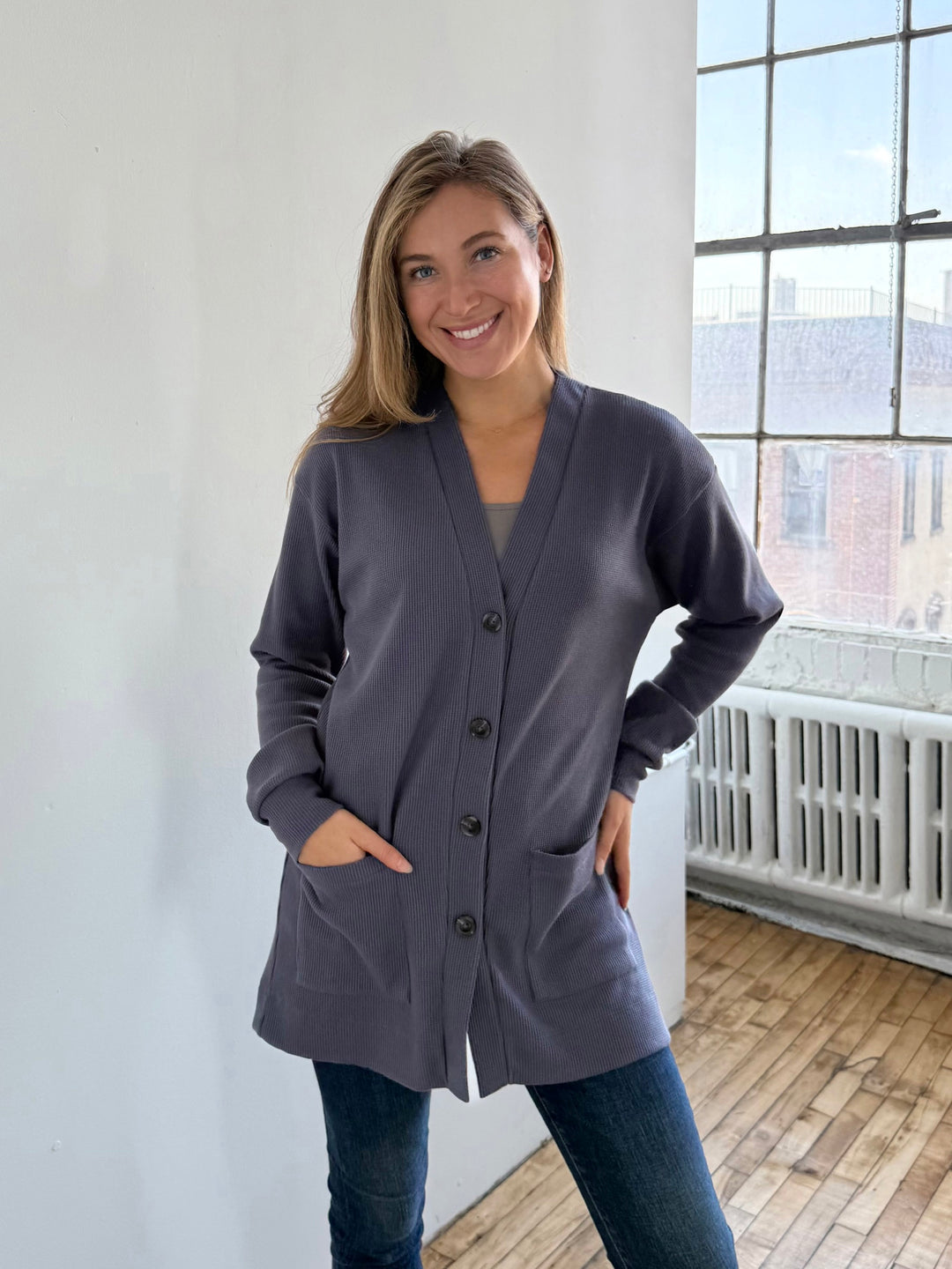 EVERLY waffle knit cardigan in Stonewash