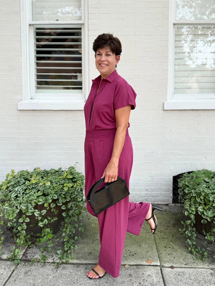 EVELINE smocked jersey pants in Deep Berry