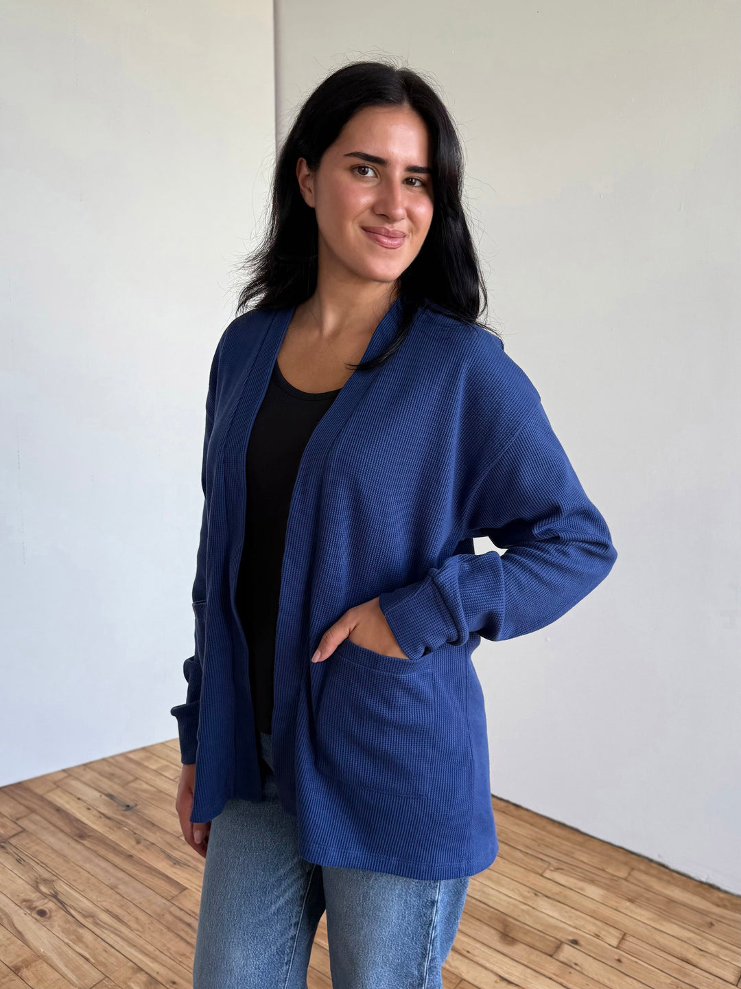 RILEY waffle knit cardigan in Blue Depths