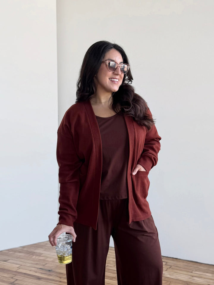 RILEY waffle knit cardigan in Cherrywood