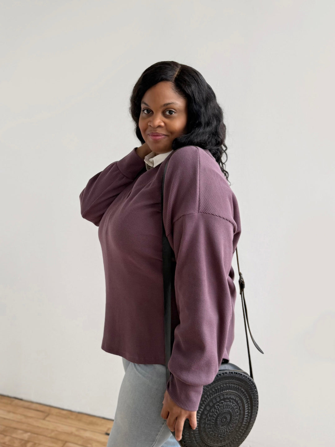 MEGANE waffle knit top in Plum Shadow