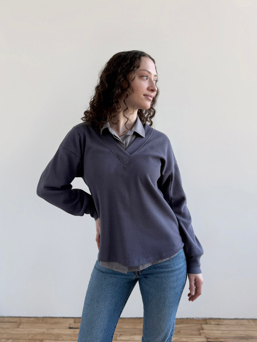 MEGANE waffle knit top in Stonewash