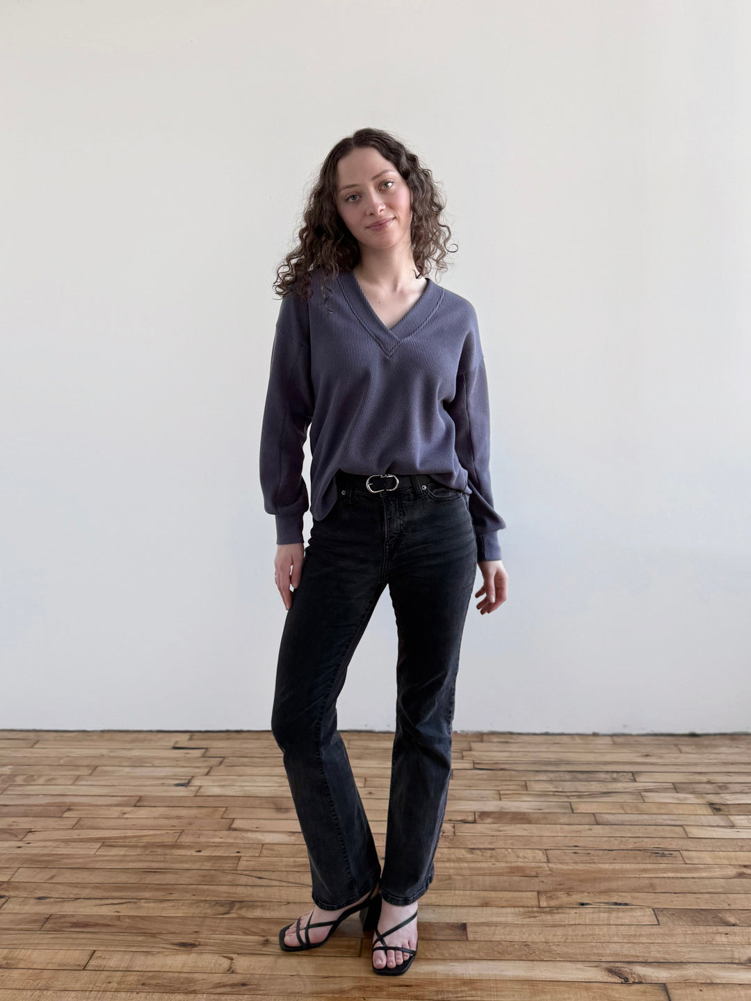 MEGANE waffle knit top in Stonewash