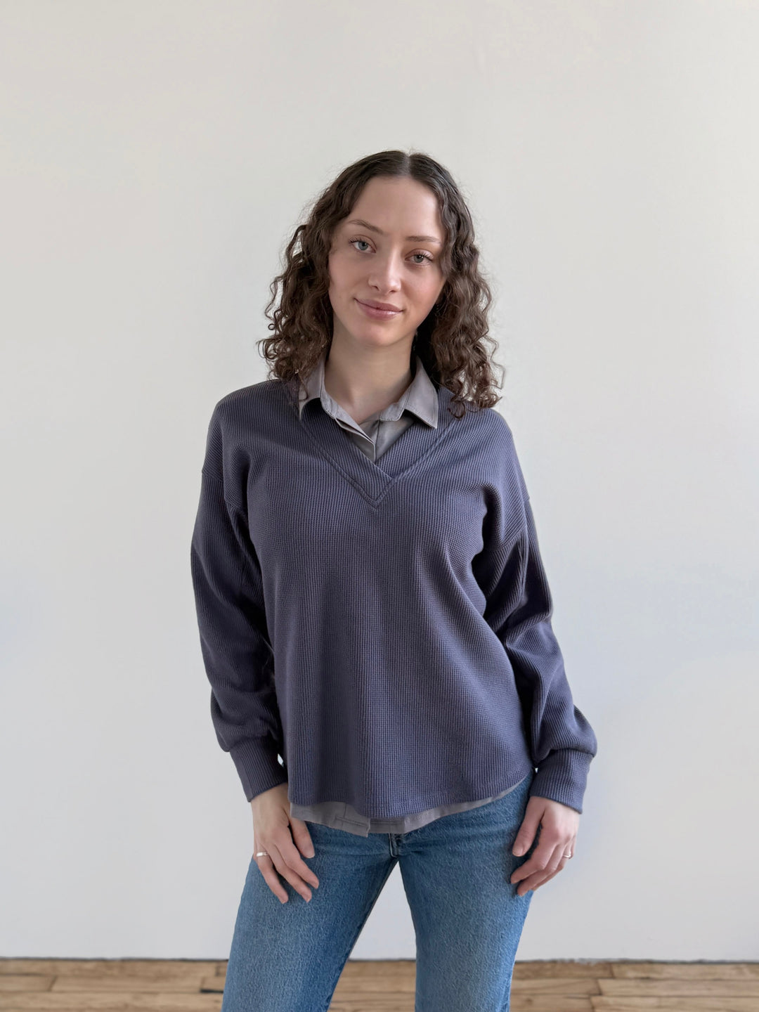 MEGANE waffle knit top in Stonewash