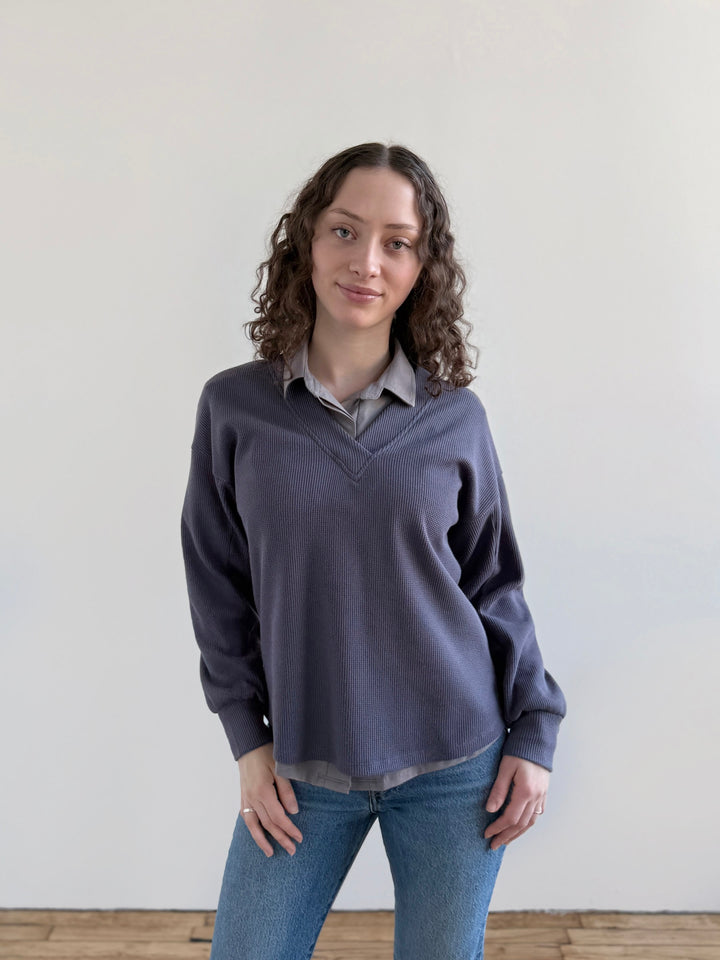 MEGANE waffle knit top in Stonewash