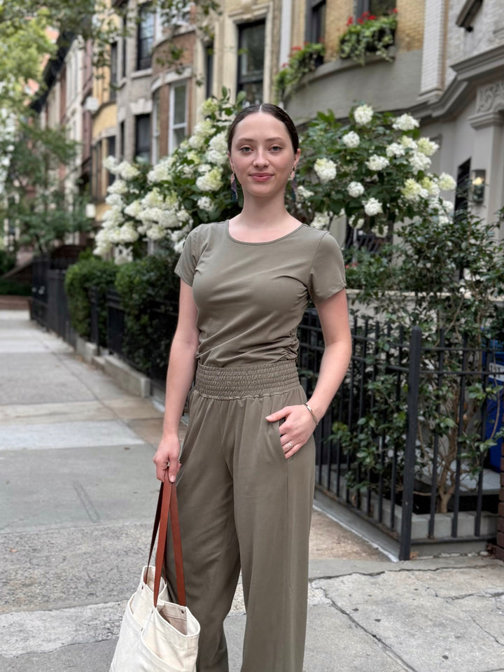 EVELINE smocked jersey pants in Silver Sage