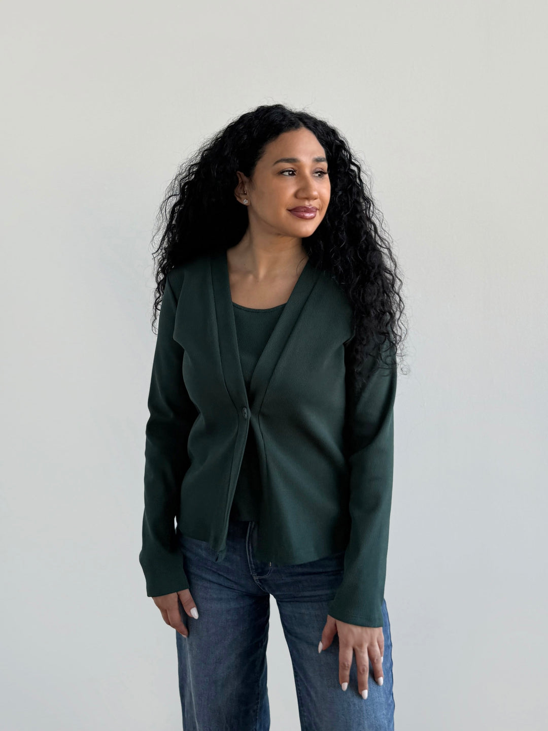 JUDE rib-knit fitted cardigan in Dark Jade