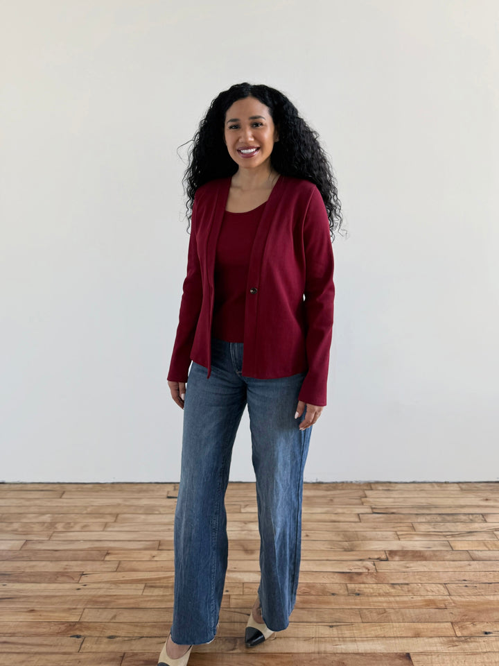 JUDE rib-knit fitted cardigan in Rich Red
