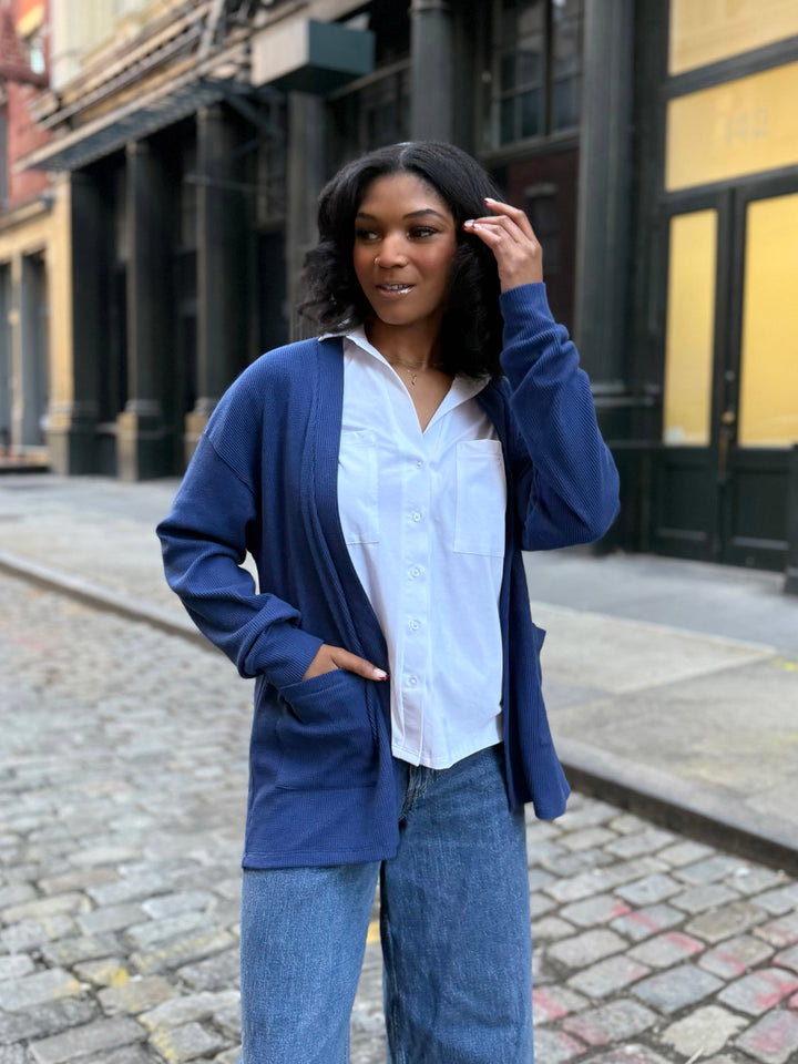 RILEY waffle knit cardigan in Blue Depths