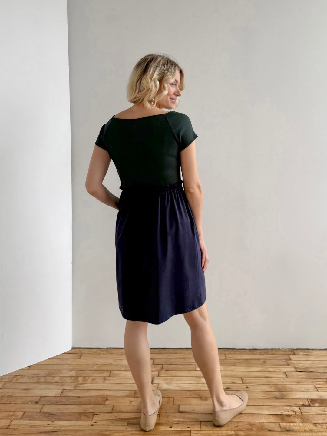 CAITLIN rib+jersey dress in Jade/Navy