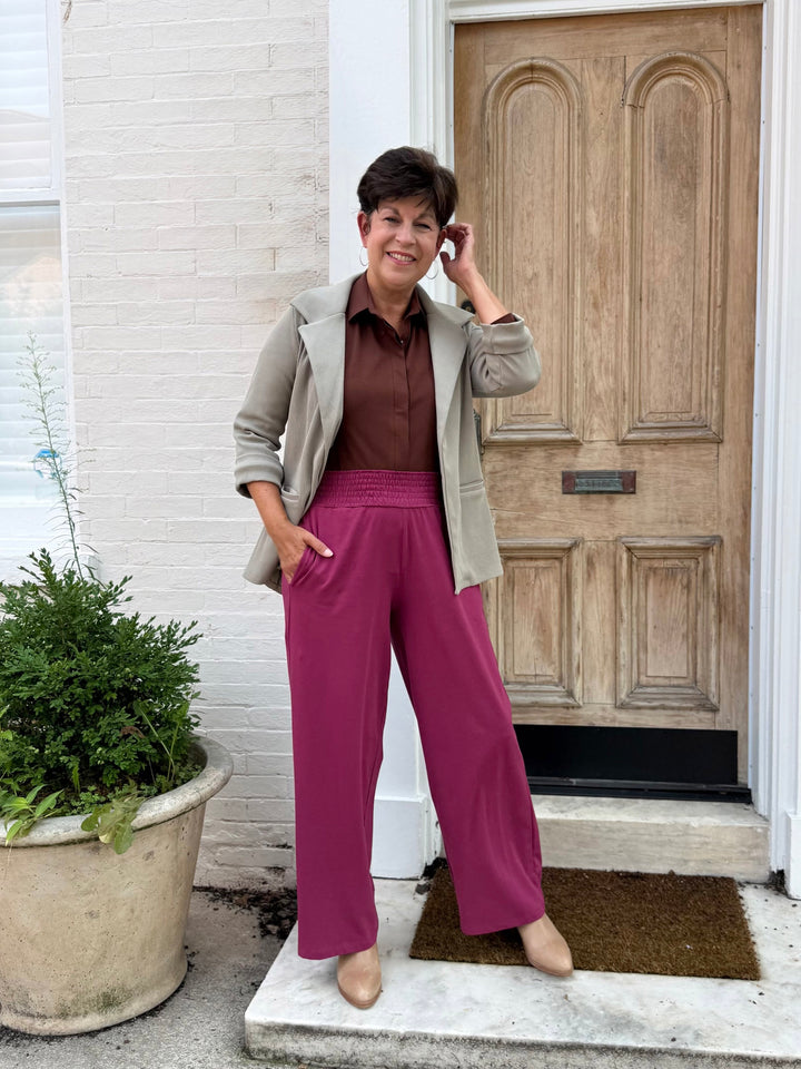 EVELINE smocked jersey pants in Deep Berry