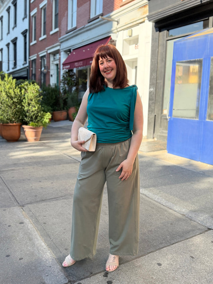 EVELINE smocked jersey pants in Silver Sage