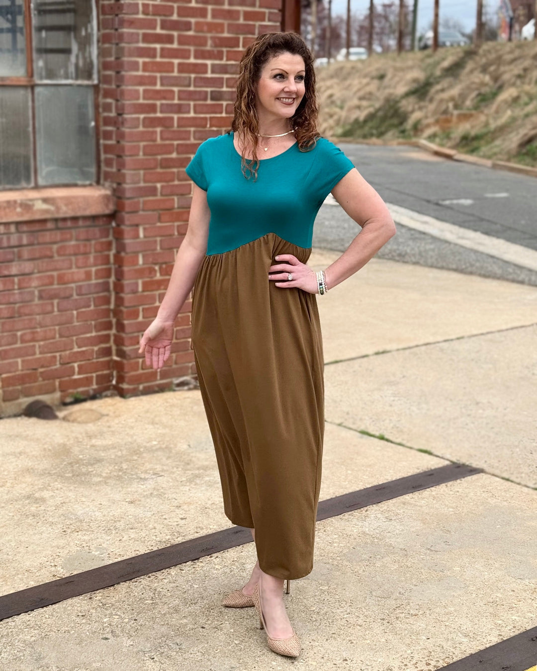 NORAH dress in Teal/Kona Brown