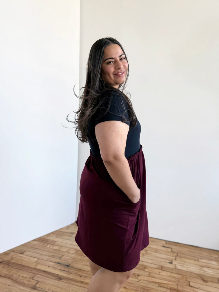CAITLIN rib+jersey dress in Navy/Merlot