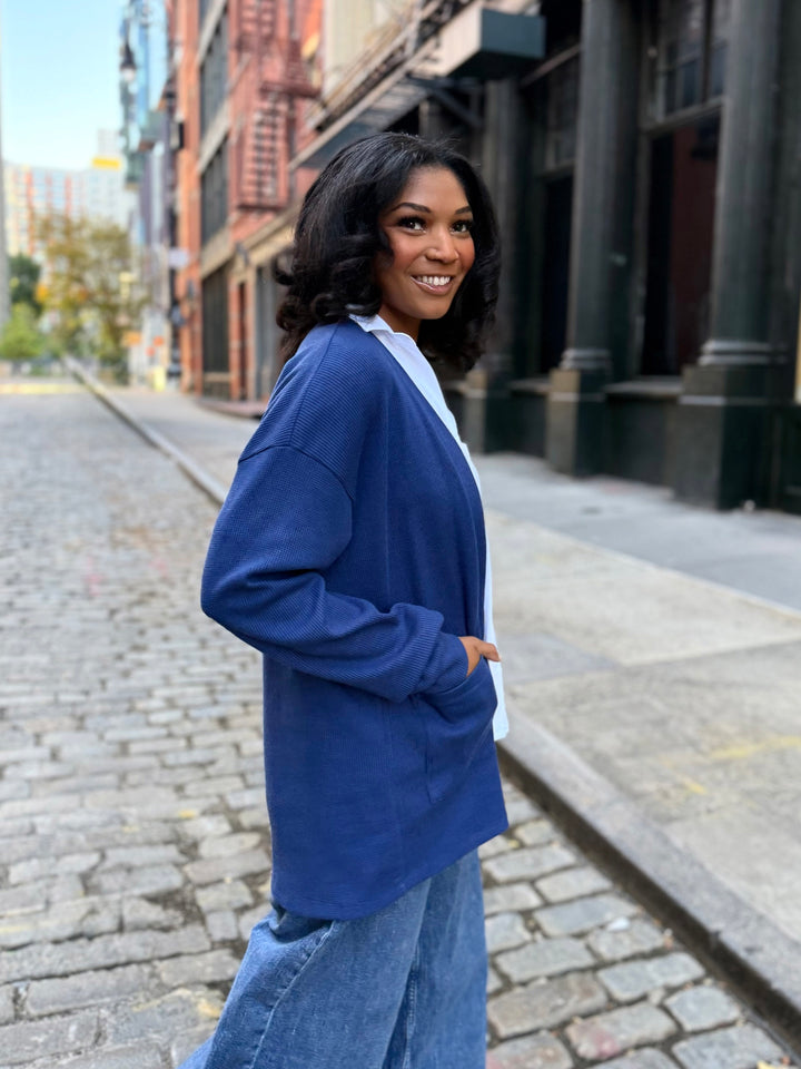 RILEY waffle knit cardigan in Blue Depths