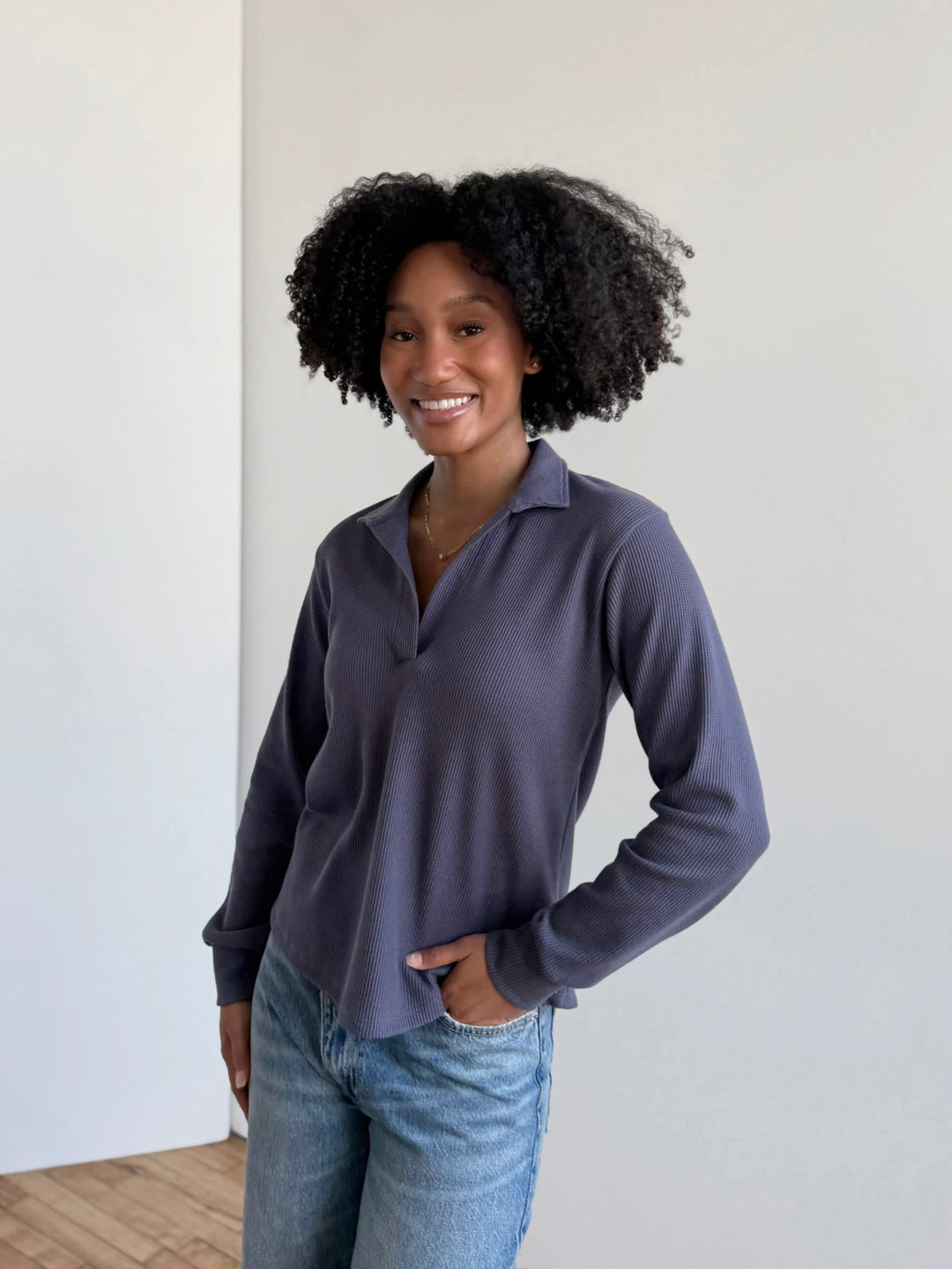 ADRIA waffle knit top in Stonewash