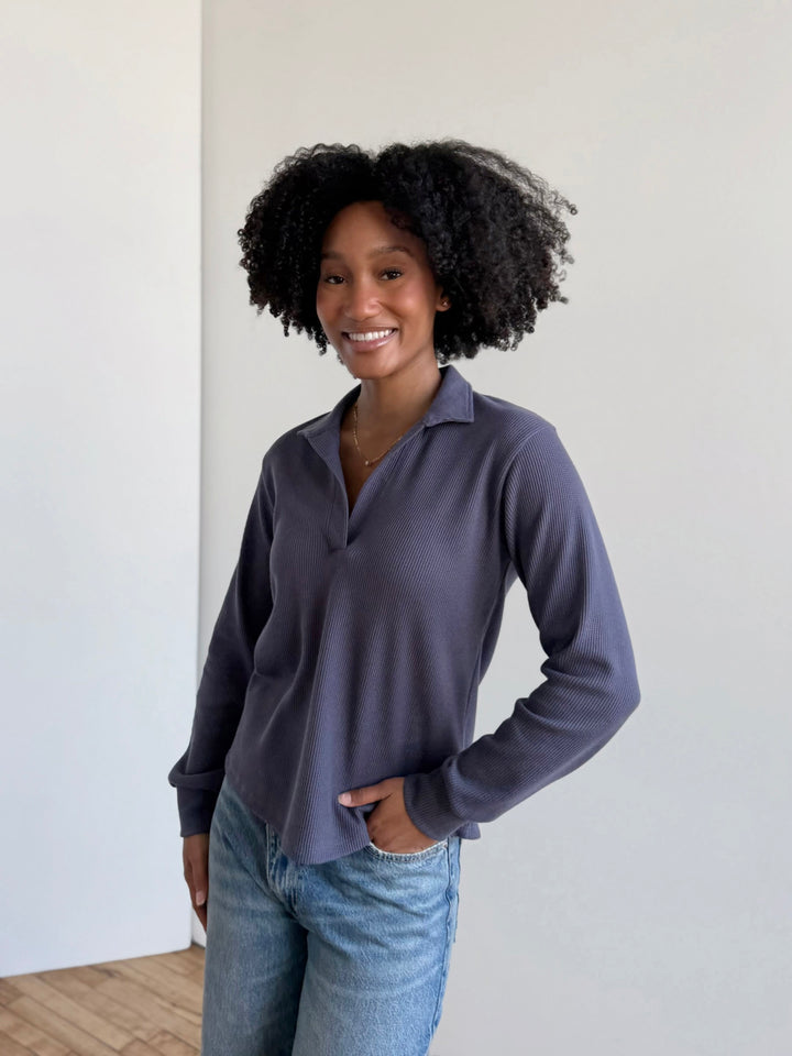 ADRIA waffle knit top in Stonewash