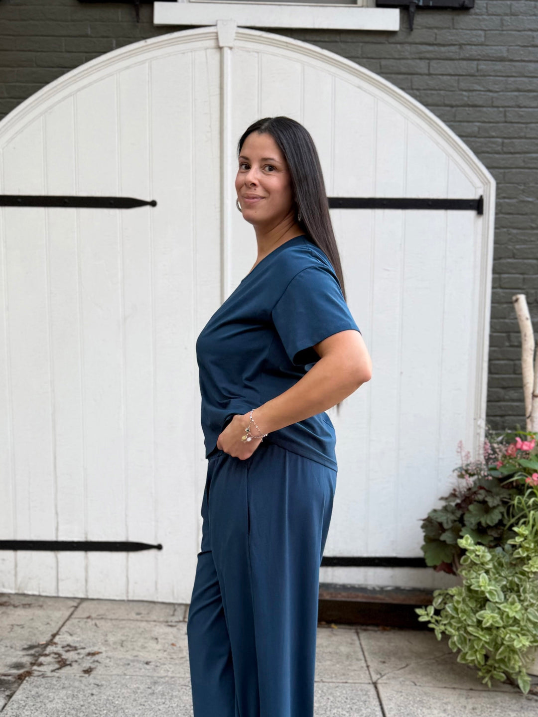 EVELINE smocked jersey pants in Atlantic Blue