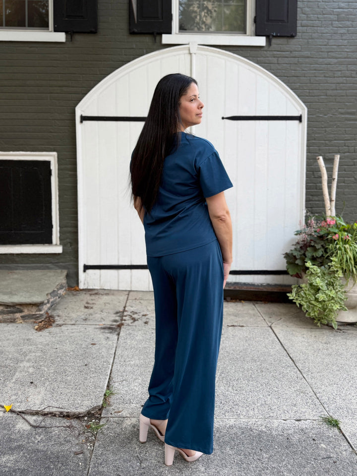 EVELINE smocked jersey pants in Atlantic Blue