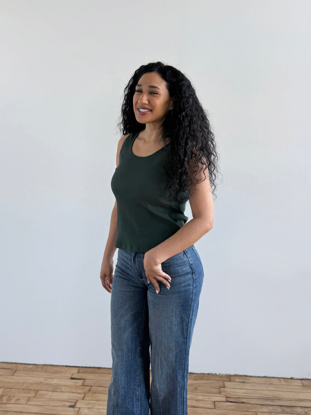 MAYA rib-knit fitted tank in Dark Jade