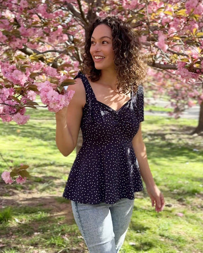 AZALEE polka dot top in Navy/White