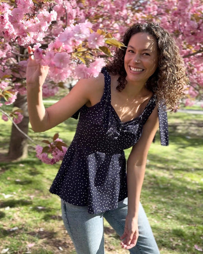 AZALEE polka dot top in Navy/White