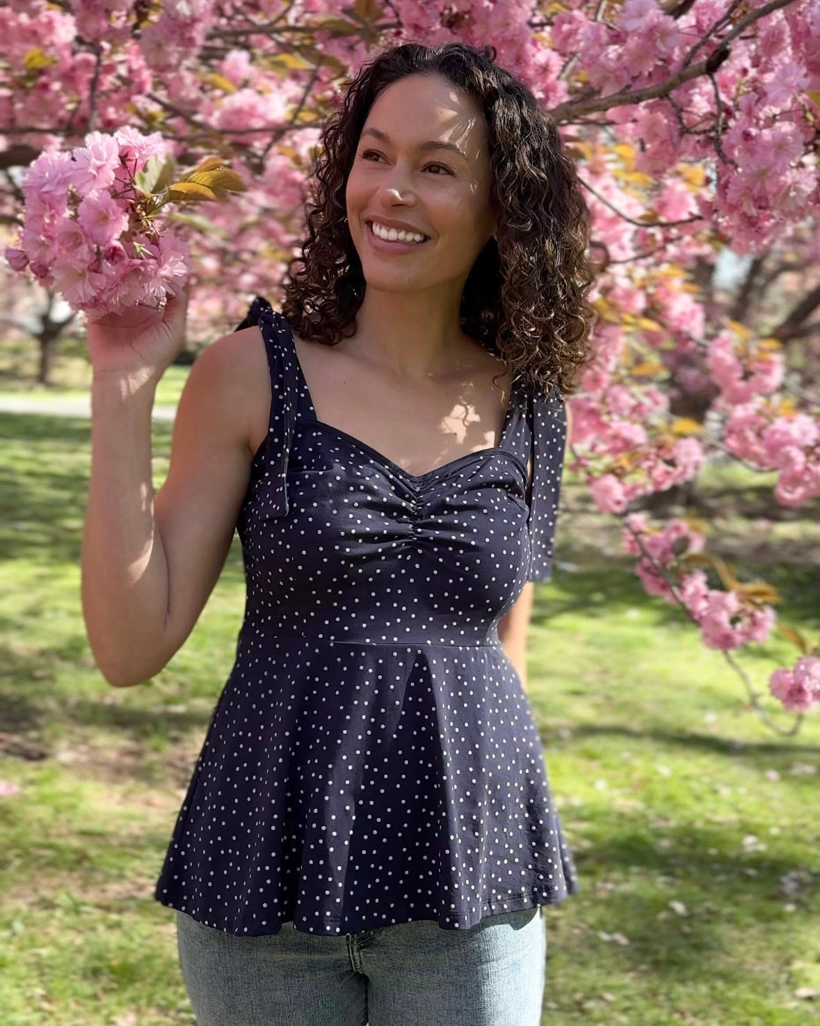 AZALEE polka dot top in Navy/White