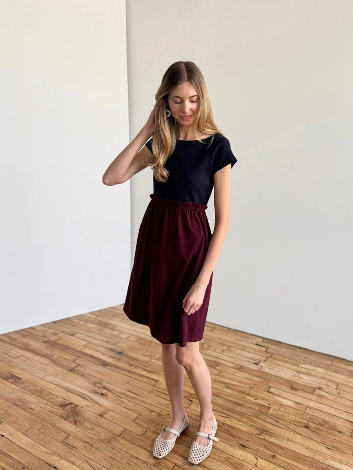CAITLIN rib+jersey dress in Navy/Merlot