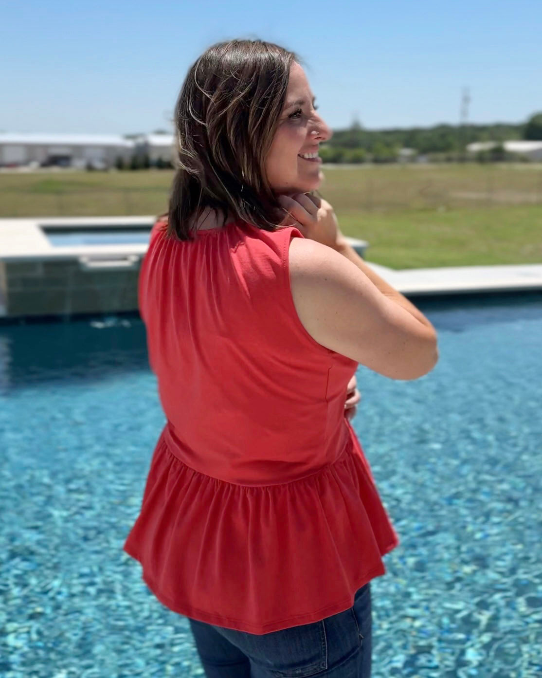 BARI peplum tank in Coral Red