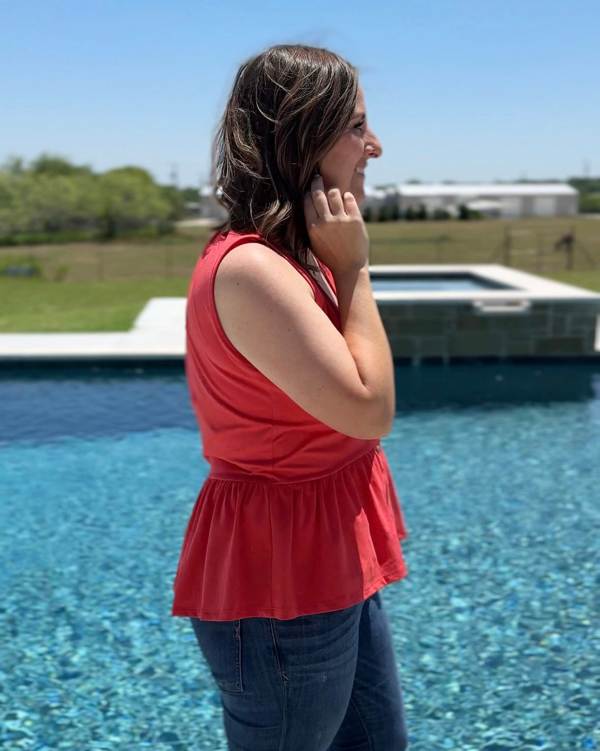 BARI peplum tank in Coral Red